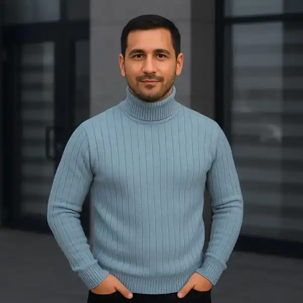 Erkek Tam Boğazlı Balıkçı Yaka Triko Kazak Kalın Fitilli - Bebek Mavisi