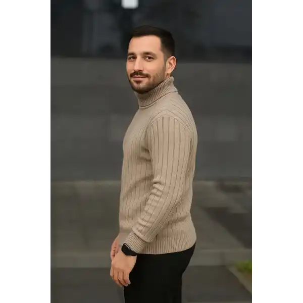 Erkek Tam Boğazlı Balıkçı Yaka Triko Kazak Kalın Fitilli - Bej