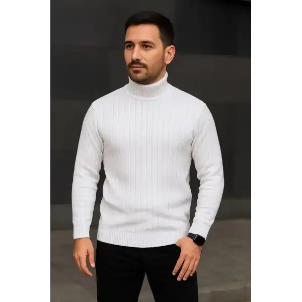 Erkek Tam Boğazlı Balıkçı Yaka Triko Kazak Kalın Fitilli - Beyaz