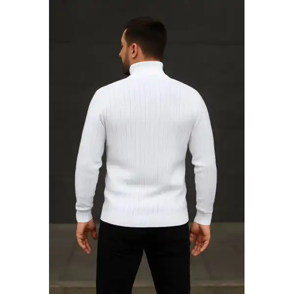 Erkek Tam Boğazlı Balıkçı Yaka Triko Kazak Kalın Fitilli - Beyaz