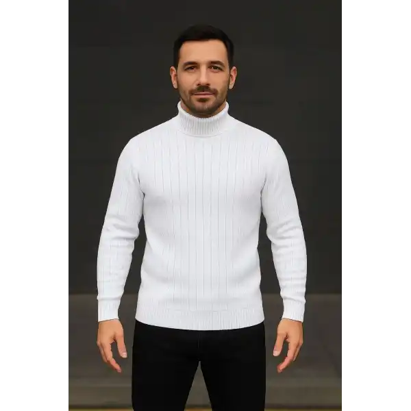Erkek Tam Boğazlı Balıkçı Yaka Triko Kazak Kalın Fitilli - Beyaz