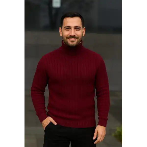 Erkek Tam Boğazlı Balıkçı Yaka Triko Kazak Kalın Fitilli - Bordo