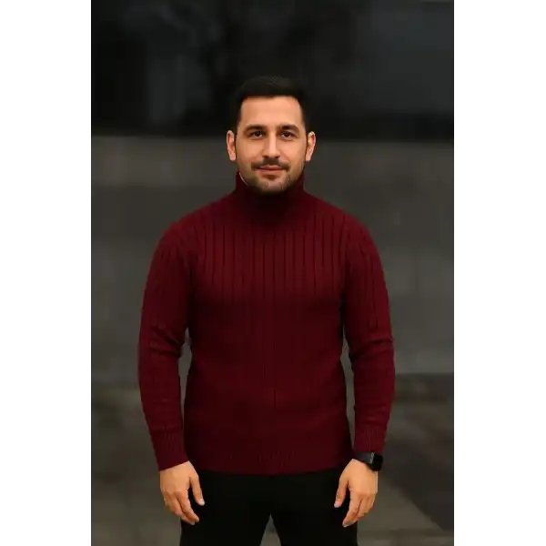 Erkek Tam Boğazlı Balıkçı Yaka Triko Kazak Kalın Fitilli - Bordo