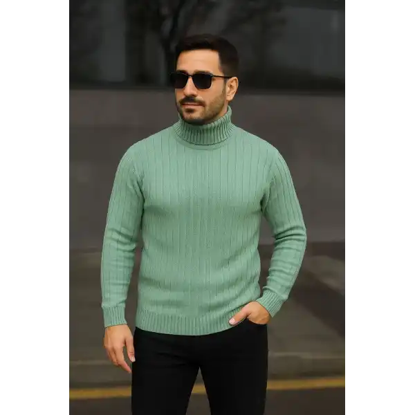 Erkek Tam Boğazlı Balıkçı Yaka Triko Kazak Kalın Fitilli - Mint Yeşili