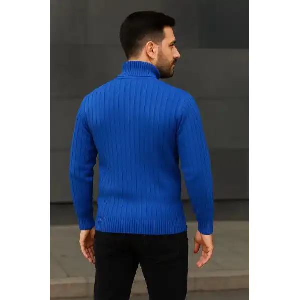 Erkek Tam Boğazlı Balıkçı Yaka Triko Kazak Kalın Fitilli - Saks Mavisi