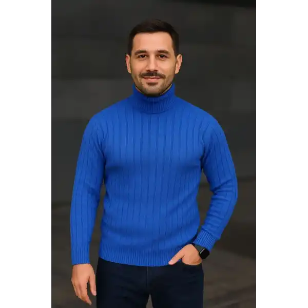 Erkek Tam Boğazlı Balıkçı Yaka Triko Kazak Kalın Fitilli - Saks Mavisi