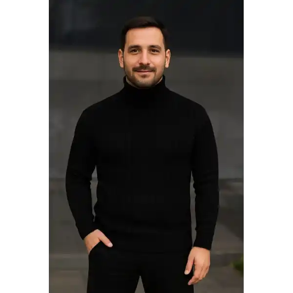 Erkek Tam Boğazlı Balıkçı Yaka Triko Kazak Kalın Fitilli - Siyah