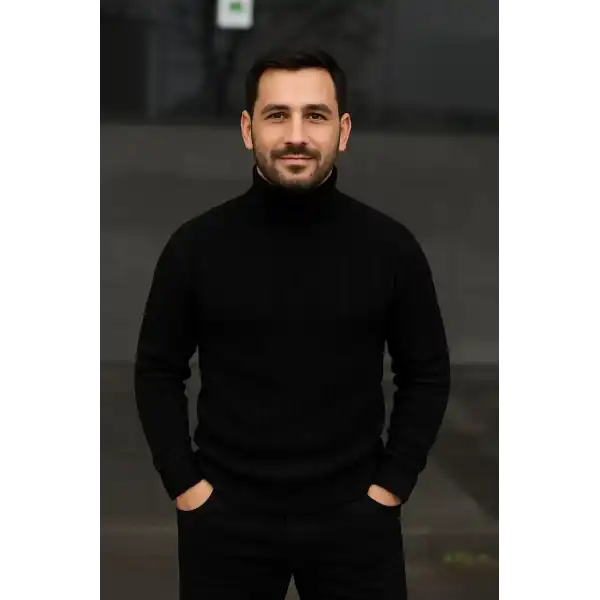 Erkek Tam Boğazlı Balıkçı Yaka Triko Kazak Kalın Fitilli - Siyah