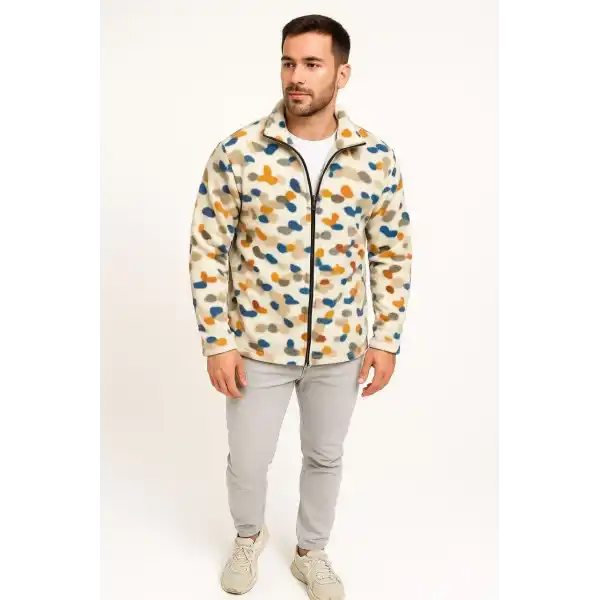 Erkek Tam Fermuarlı Desenli Polar Sweat – Siyah Multicolor Figür Desen Yakalı, Uzun Kollu, Oversize Rahat Kalıp- Beyaz