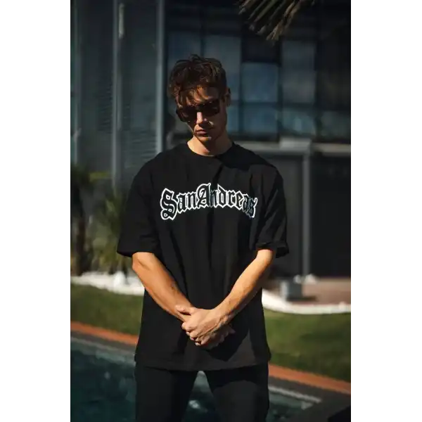 Erkek Tişort Bisiklet Yaka Baskılı Kısa kol T-Shirt - Siyah