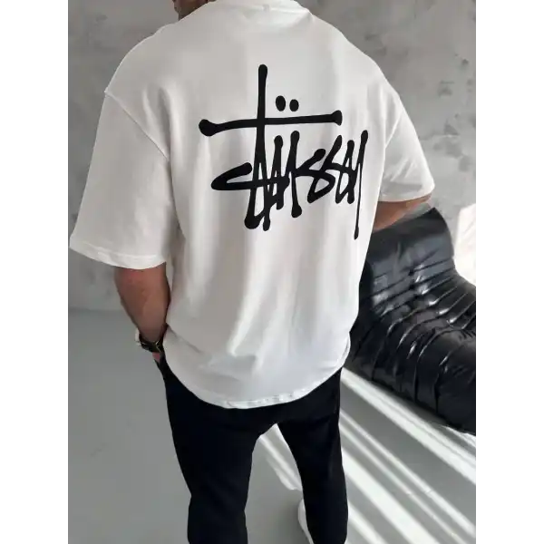 Erkek Tişört Bisiklet Yaka Baskılı Oversize Kısa kol T-Shirt - Beyaz