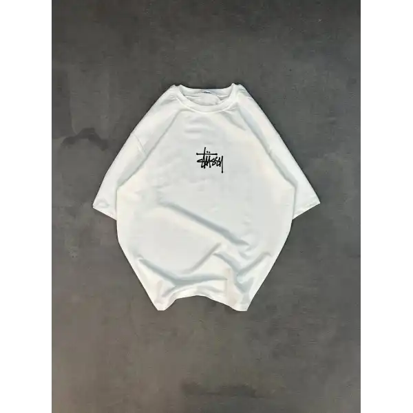 Erkek Tişört Bisiklet Yaka Baskılı Oversize Kısa kol T-Shirt - Beyaz