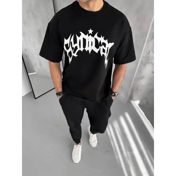 Erkek Tişört Bisiklet Yaka Baskılı Oversize Kısa kol T-Shirt - Siyah