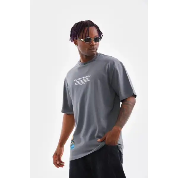 Erkek Tişort  Bisiklet Yaka Baskılı Oversize T-Shirt - Gri