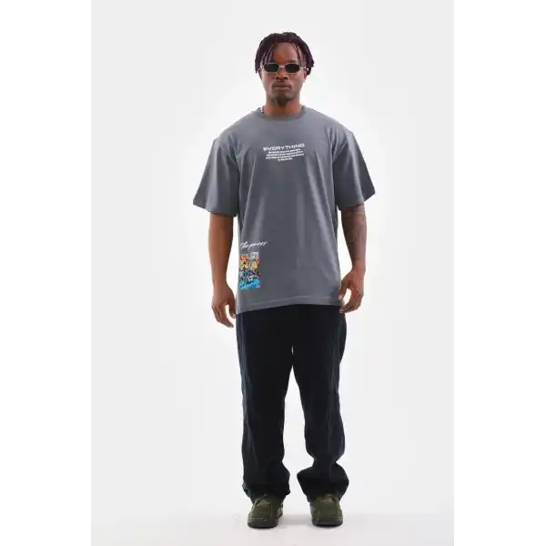 Erkek Tişort  Bisiklet Yaka Baskılı Oversize T-Shirt - Gri