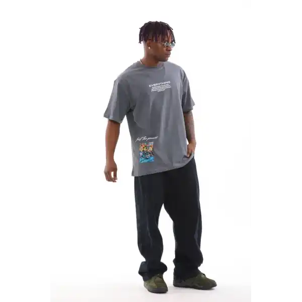Erkek Tişort  Bisiklet Yaka Baskılı Oversize T-Shirt - Gri