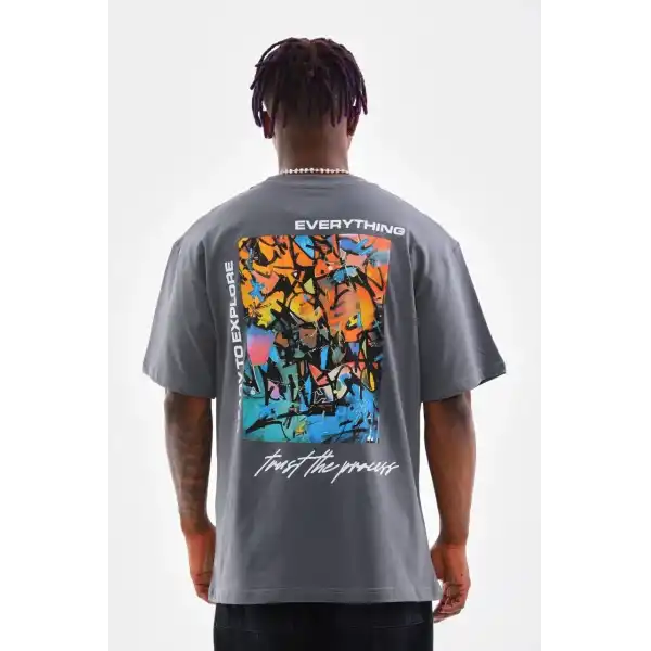 Erkek Tişort  Bisiklet Yaka Baskılı Oversize T-Shirt - Gri