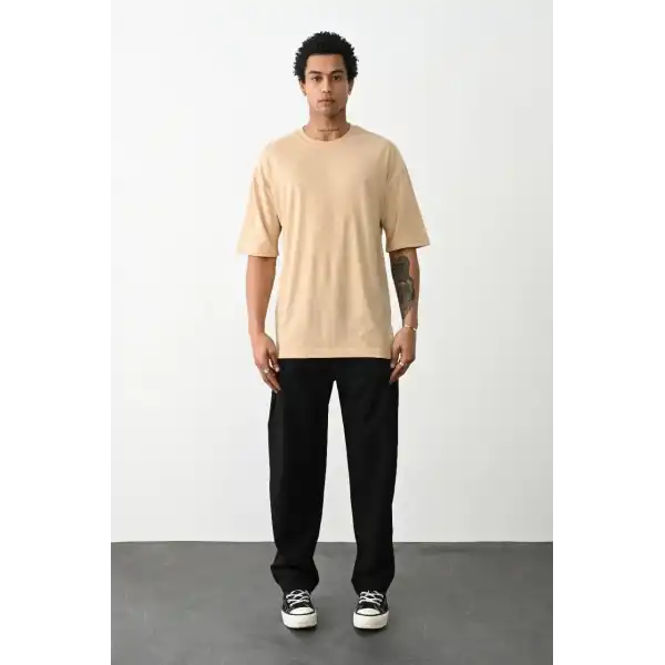 Erkek Tişört Düz Basic Penye Yazlık Bisiklet Yaka Kısa Kol T-Shirt - Bej
