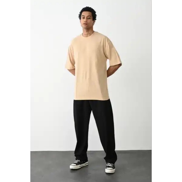 Erkek Tişört Düz Basic Penye Yazlık Bisiklet Yaka Kısa Kol T-Shirt - Bej