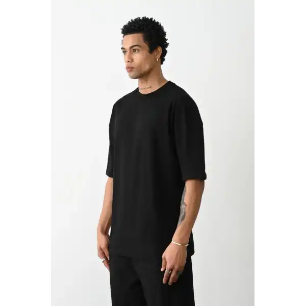Erkek Tişört Düz Basic Penye Yazlık Bisiklet Yaka Kısa Kol T-Shirt - Siyah