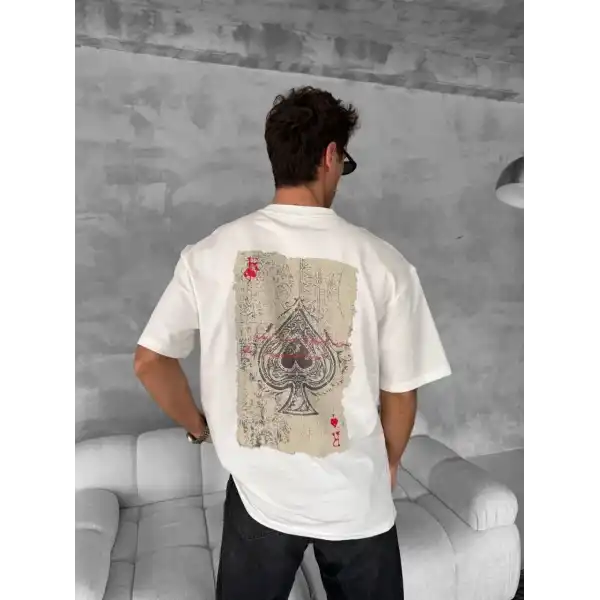 ERKEK Tişört Kısa kol Ön ve Arka Baskılı Oversize Bisiklet Yaka T-Shirt - Beyaz