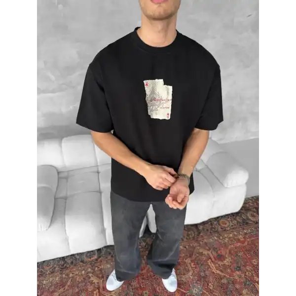 ERKEK Tişört Kısa Kol Ön ve Arka Baskılı Oversize Bisiklet Yaka T-shirt - Siyah