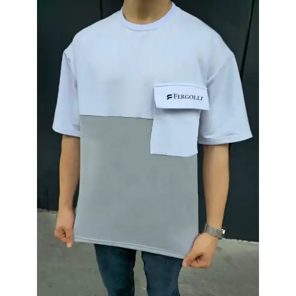 ERKEK Tişört Torba Cepli Parçalı Kısa Kol T-Shirt - Gri