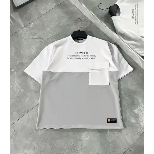 ERKEK Tişört Torba Cepli Parçalı Kısa Kol T-Shirt - Gri