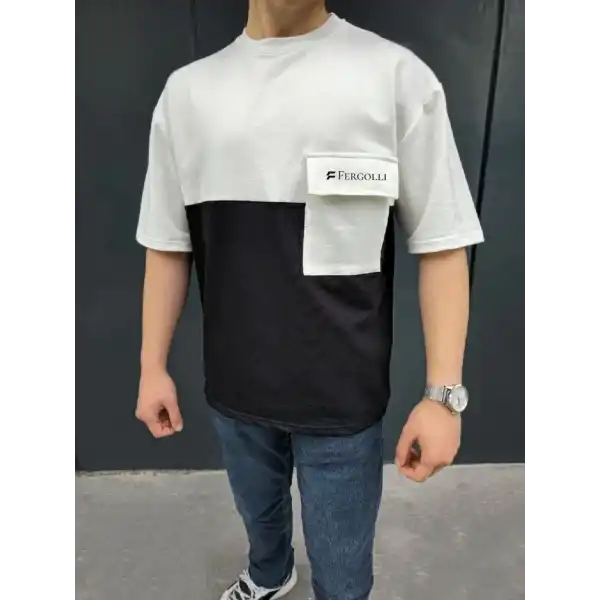 ERKEK Tişört Torba Cepli Parçalı Kısa Kol T-Shirt - Siyah