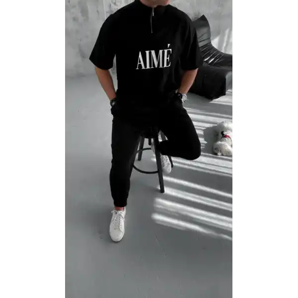ERKEK Tişört Yakalı Yarım Fermuarlı  Kısa Kol Baskılı T-Shirt - Siyah