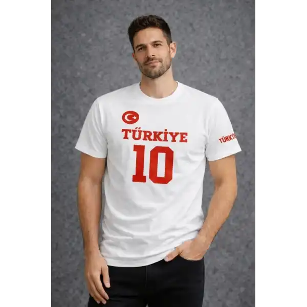 Erkek TÜRKİYE Ay Yıldız Baskılı 10 Numara Forma Tişört Taraftar T-Shirt - Beyaz
