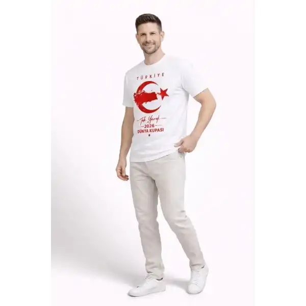 Erkek TÜRKİYE Ay Yıldız Baskılı Taraftar Forma T-Shirt - Beyaz