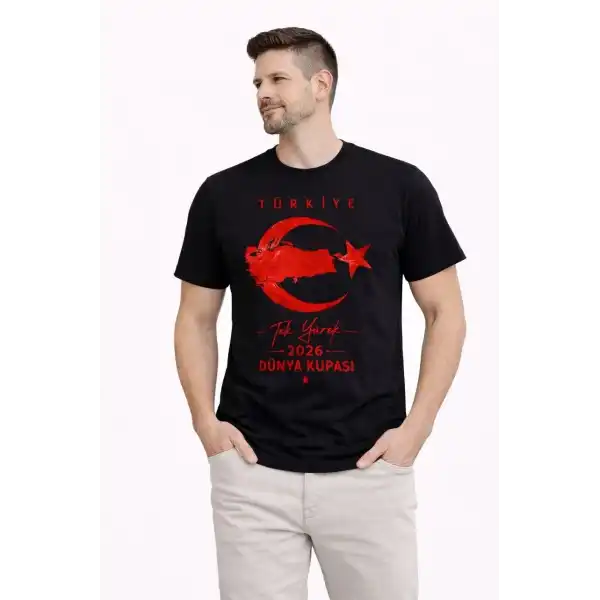 Erkek TÜRKİYE Ay Yıldız Baskılı Taraftar Forma T-Shirt - Siyah