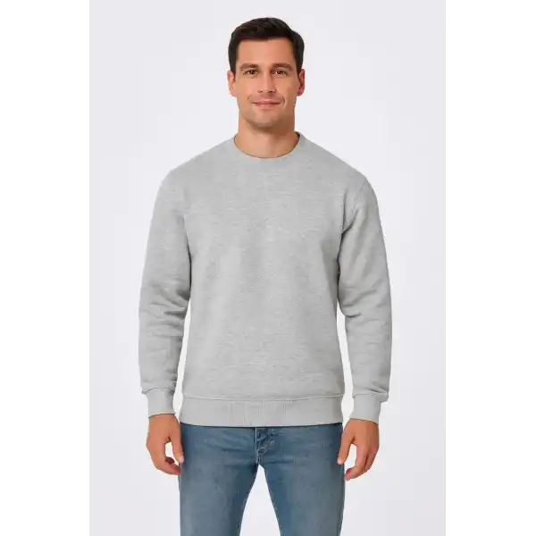 Erkek Üç İplik Düz Bisiklet Yaka SweatShirt - Gri