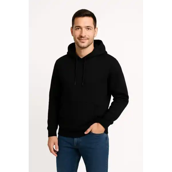 Erkek Üç İplik Kapüşonlu Kanguru Cepli SweatShirt hoodie - Siyah