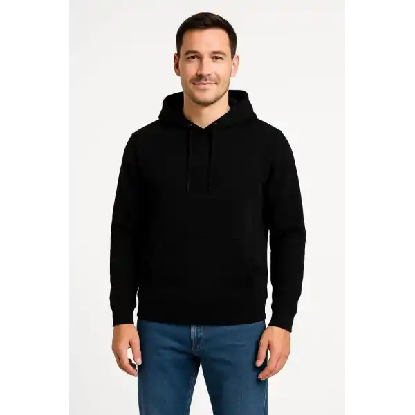 Erkek Üç İplik Kapüşonlu Kanguru Cepli SweatShirt hoodie - Siyah
