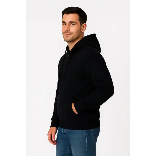 Erkek Üç İplik Kapüşonlu Tam Fermuarlı Kanguru Çepli SweatShirt Hoodie - Siyah
