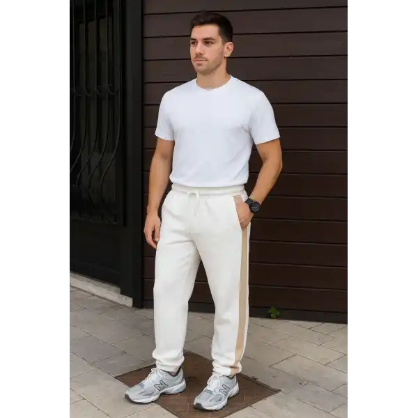 Erkek Üç İplik Kışlık Pamuklu Yandan Garneli Kalın Bej Şeritli Cepli Eşofman Altı - Beyaz