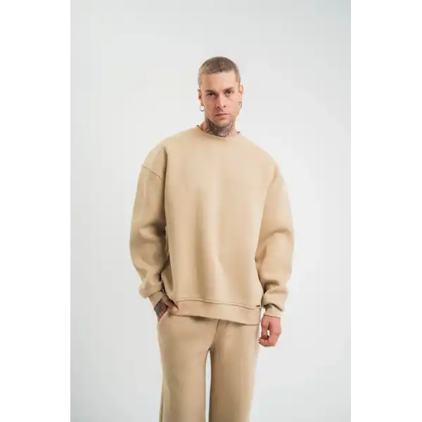 Erkek Uzun Kol Bisiklet Yaka 3 iplik Pamuklu Kışlık SweatShirt  - Bej