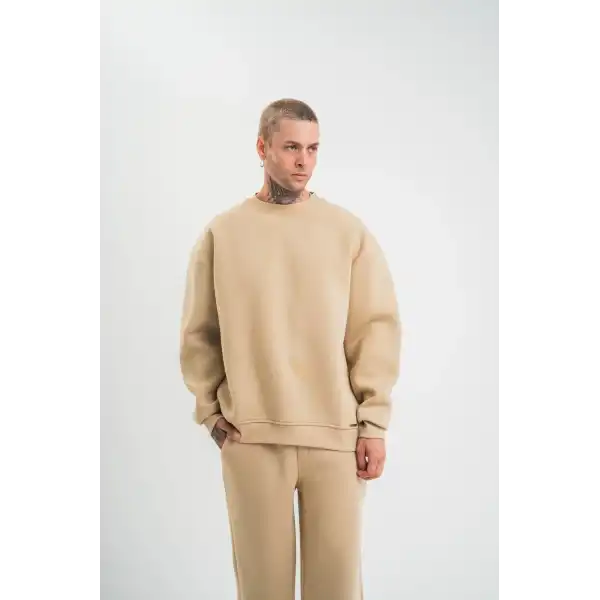Erkek Uzun Kol Bisiklet Yaka 3 iplik Pamuklu Kışlık SweatShirt  - Bej