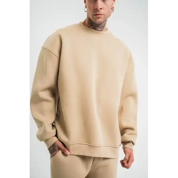Erkek Uzun Kol Bisiklet Yaka 3 iplik Pamuklu Kışlık SweatShirt  - Bej