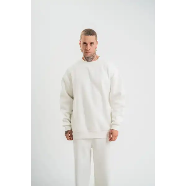 Erkek Uzun Kol Bisiklet Yaka 3 iplik Pamuklu Kışlık SweatShirt  - Beyaz