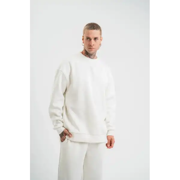 Erkek Uzun Kol Bisiklet Yaka 3 iplik Pamuklu Kışlık SweatShirt  - Beyaz