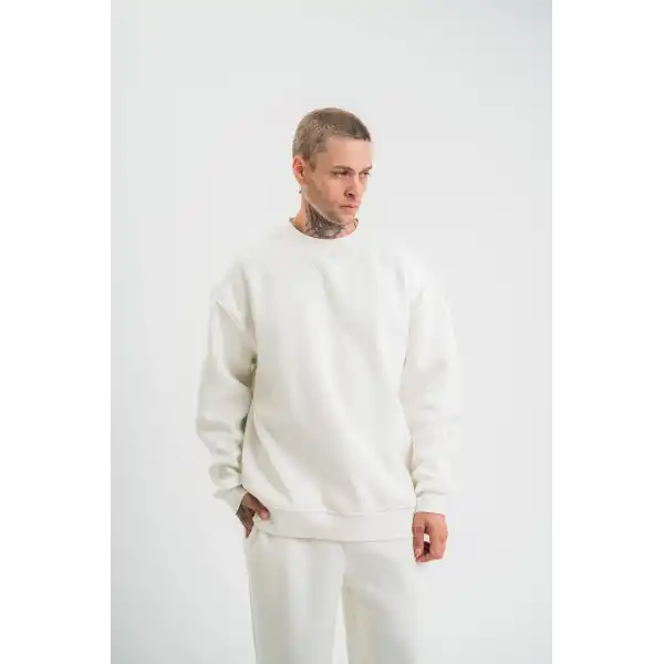 Erkek Uzun Kol Bisiklet Yaka 3 iplik Pamuklu Kışlık SweatShirt  - Beyaz