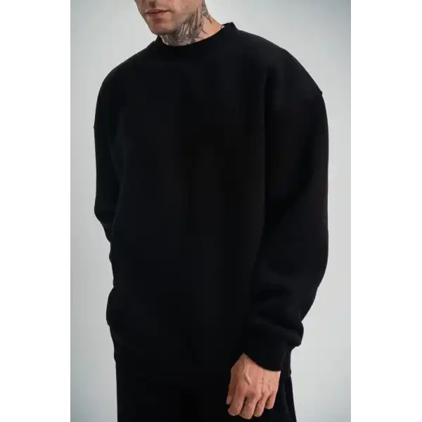 Erkek Uzun Kol Bisiklet Yaka 3 iplik Pamuklu Kışlık SweatShirt - Siyah