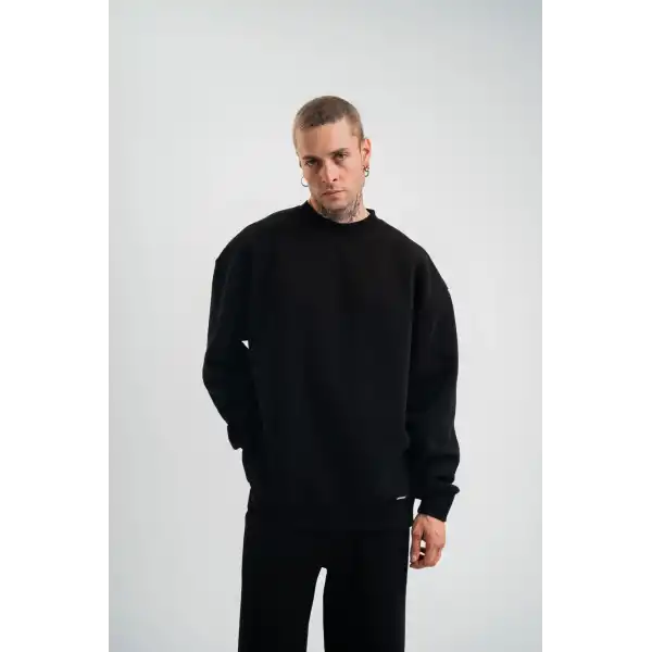 Erkek Uzun Kol Bisiklet Yaka 3 iplik Pamuklu Kışlık SweatShirt - Siyah