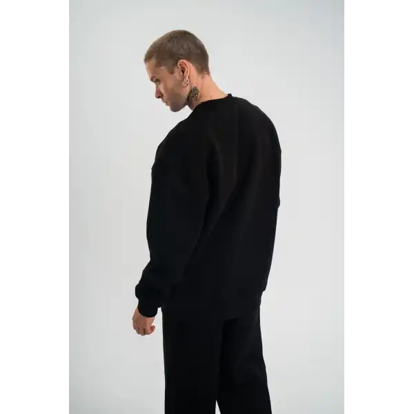 Erkek Uzun Kol Bisiklet Yaka 3 iplik Pamuklu Kışlık SweatShirt - Siyah