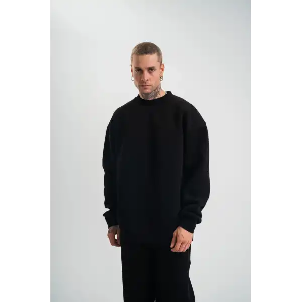 Erkek Uzun Kol Bisiklet Yaka 3 iplik Pamuklu Kışlık SweatShirt - Siyah