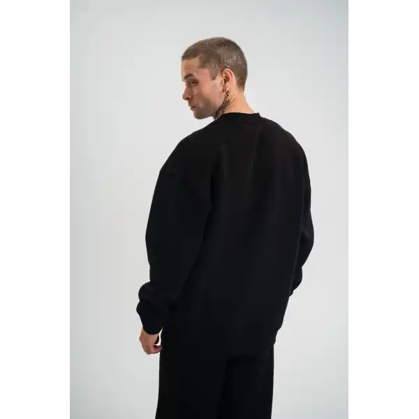 Erkek Uzun Kol Bisiklet Yaka 3 iplik Pamuklu Kışlık SweatShirt - Siyah
