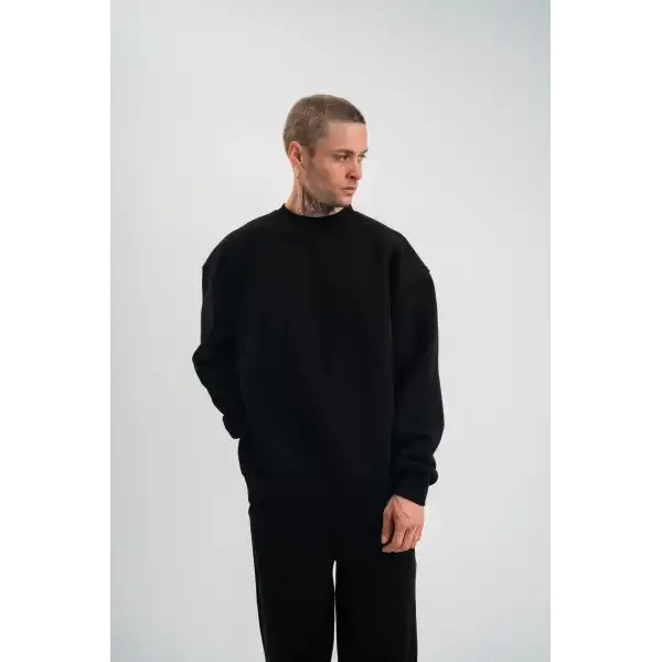 Erkek Uzun Kol Bisiklet Yaka 3 iplik Pamuklu Kışlık SweatShirt - Siyah